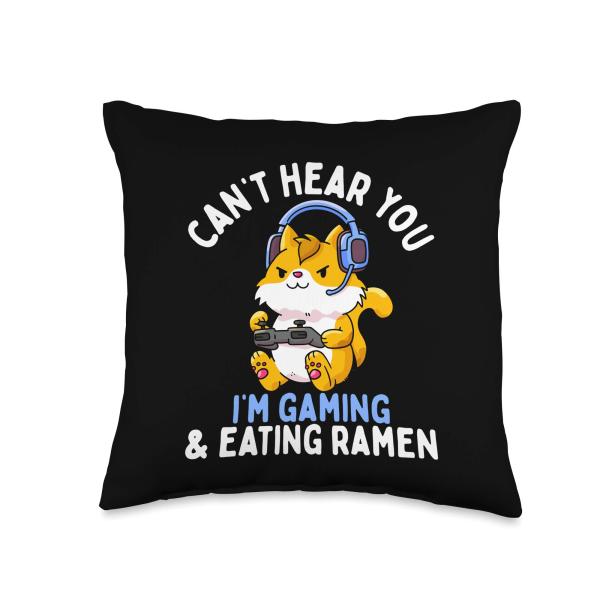 Can't Hear You I'm Gaming and Eating Ramen Video Gamer Cat Throw Pillow