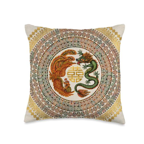Double Happiness Symbol with Phoenix and Dragon Throw Pillow