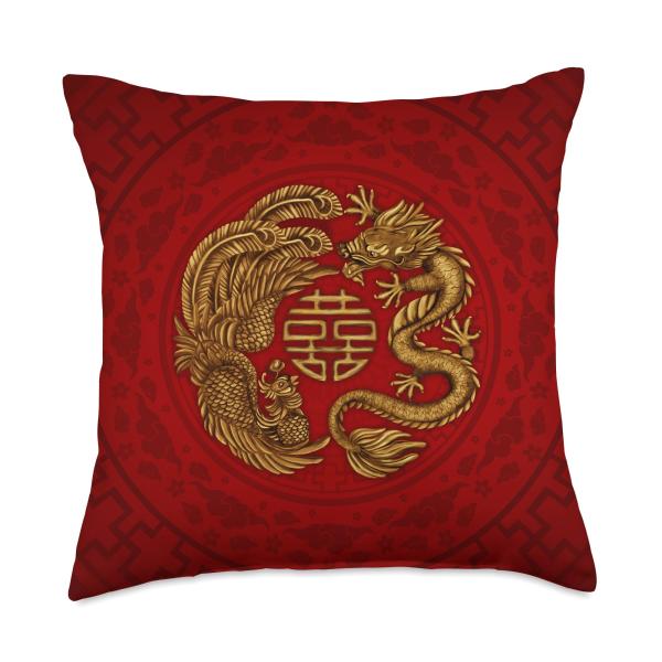 Double Happiness Symbol with Phoenix and Dragon Throw Pillow