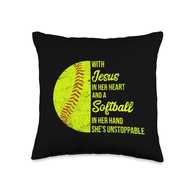 With Jesus In Her Heart A Softball In Her Hand Unstoppable Throw Pillow