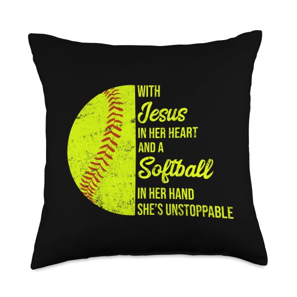 With Jesus In Her Heart A Softball In Her Hand Unstoppable Throw Pillow