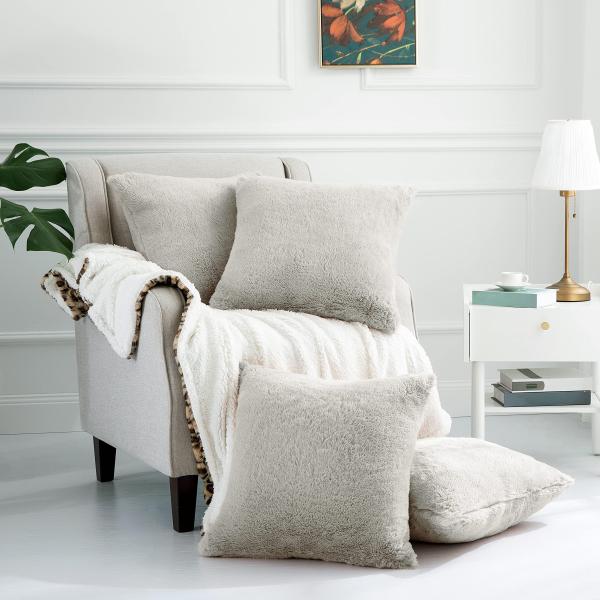 Home Soft Things Rabbit Faux Fur Pillow Shell 4 Piece Set, 20" x 20", Light Grey