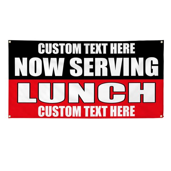 Custom Vinyl Banner Multiple Sizes Now Serving Lunch Food Fair Promotion Fairs Outdoor Weatherproof Industrial Yard Signs 4 Grommets Personalized Text
