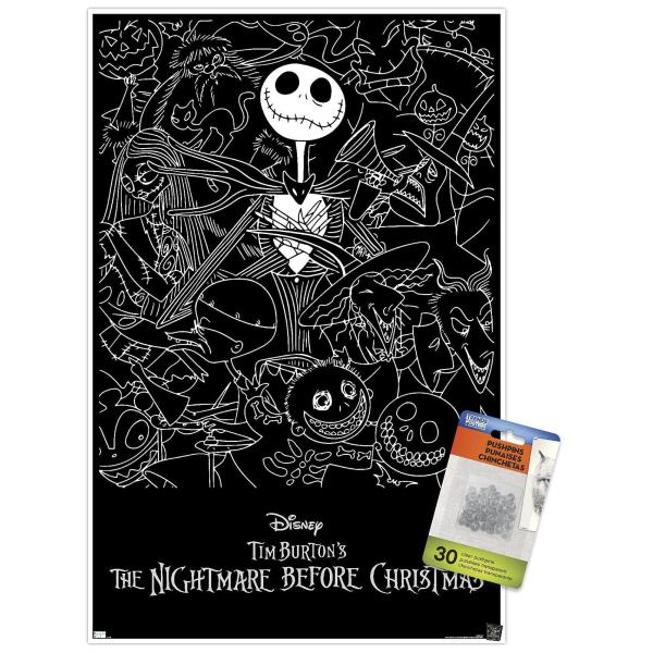 Trends International Disney Tim Burton's The Nightmare Before Christmas - Black and White Wall Poster with Push Pins