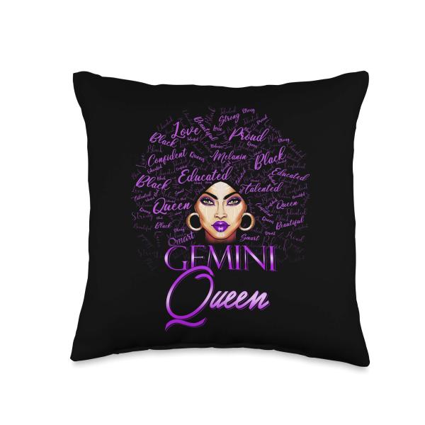 Gemini Girl Womens Purple Afro Queen Black Zodiac Birthday Throw Pillow