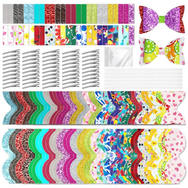 AOUXSEEM 232 Pieces 50 Set Faux Leather Hair Bows DIY Kit for Beginners, Includes Assorted Random Printed Glitter Solid Fabric Pieces and Alligator Cl
