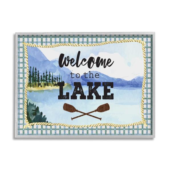 Stupell Industries Welcome to The Lake Phrase Crossed Oars Mountain Forest, Designed by ND Gray Framed Wall Art, Blue
