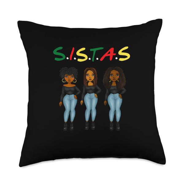 Juneteenth Black History Apparels ＆ Gifts Afro Women Together Proud Black Sistas Queen Melanin Throw Pillow, 18x18