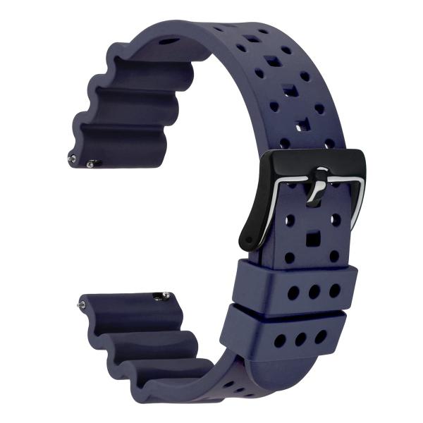 WOCCI 20mm Ventilated Watch Band for Men, FKM Rubber, Black Buckle (Navy Blue)