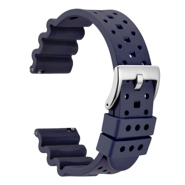WOCCI 18mm Ventilated Watch Band for Men, FKM Rubber, Silver Buckle (Navy Blue)