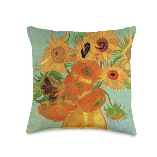 Vase with 12 Sunflowers by Vincent van Gogh, Flowers Throw Pillow