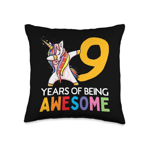 9th Birthday Dabbing Unicorn Party Gift 9 Years Old Girls Throw Pillow