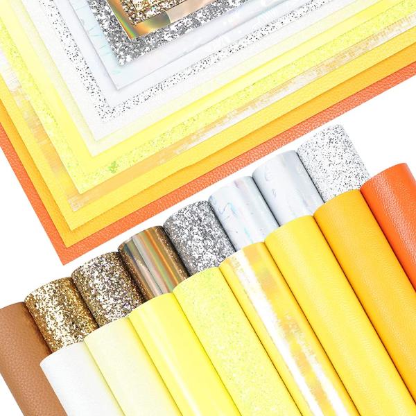 16 Pieces 8x6 Inch New Contrast Colors White Yellow Gold Series Faux Leather Fabric Sheets Include Litchi Fine Chunky Glitter Butterfly Flamingo Paten