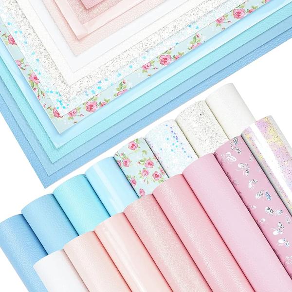 16 Pieces 8x6 Inch New Contrast Colors White Pink Blue Series Faux Leather Fabric Sheets Include Metallic Litchi Fine Chunky Glitter Patent Butterfly