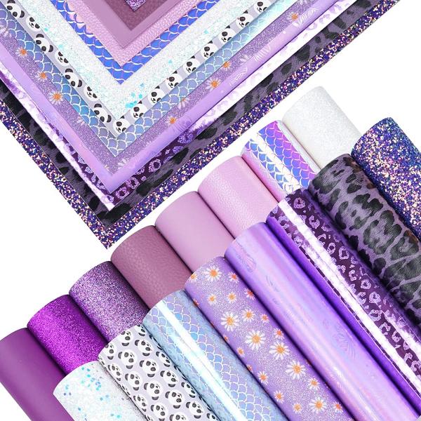 16 Pieces 8x6 Inch New Contrast Colors White Purple Light Purple Series Faux Leather Fabric Sheets Include Litchi Daisy Fine Chunky Glitter Butterfly