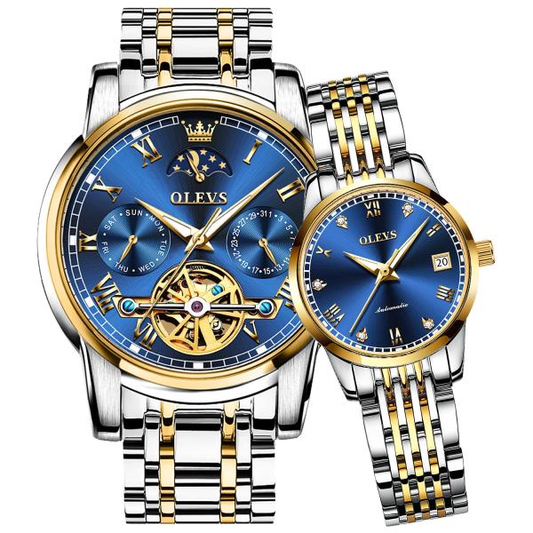 OLEVS Couple Automatic Watches for Men and Women His and Hers Watch Set Gifts Mechanical Self-Winding Tourbillon Big Face Dress Wrist Watch with Day D