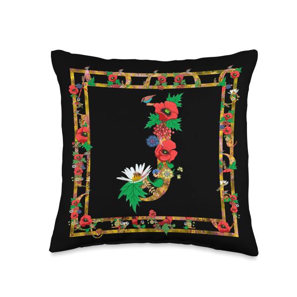 Floral Letter J Retro Initial Monogram Poppy Flower Alphabet Throw Pillow