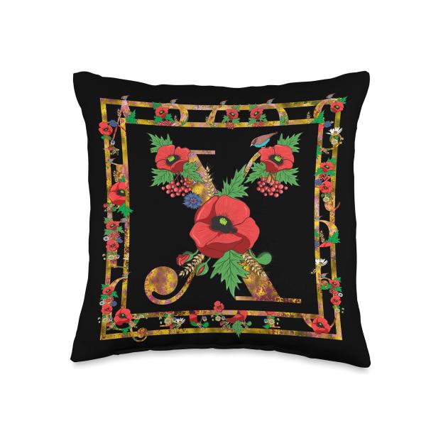 Floral Letter X Retro Initial Monogram Poppy Flower Alphabet Throw Pillow