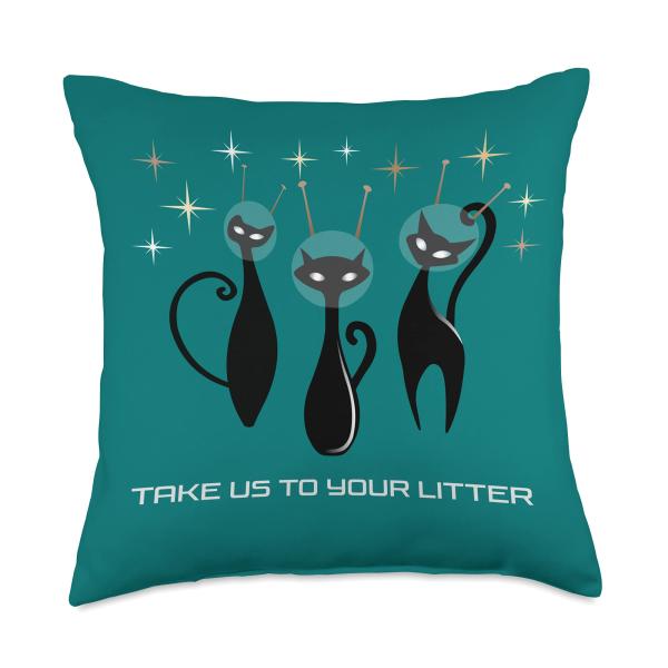 Atomic Space Cats Mid Century Modern Take us to your Litter Throw Pillow