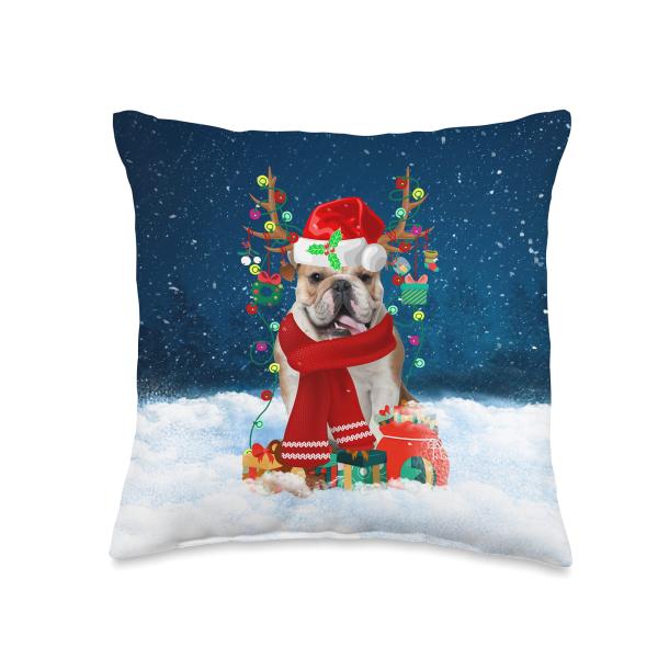 English Bulldog Dog Let it Snow with Christmas Gifts Throw Pillow