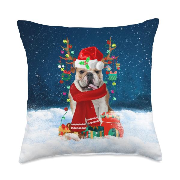 English Bulldog Dog Let it Snow with Christmas Gifts Throw Pillow