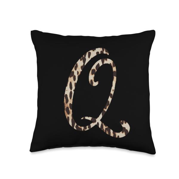 Leopard Print Monogram Letter Q Art Script Initial Letter Throw Pillow
