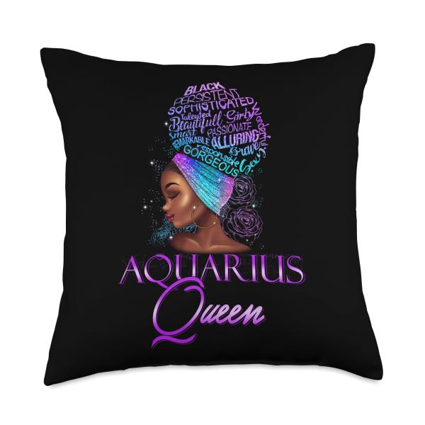 Purple Aquarius Queen African American January February Throw Pillow