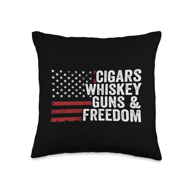 Cigars Whiskey Guns ＆ Freedom - Funny Gun Drinking USA Flag Throw Pillow