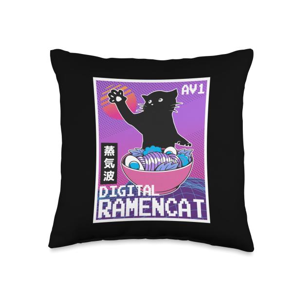 Digital Ramencat 90s Synthwave Vaporwave Aesthetic Cat Ramen Throw Pillow