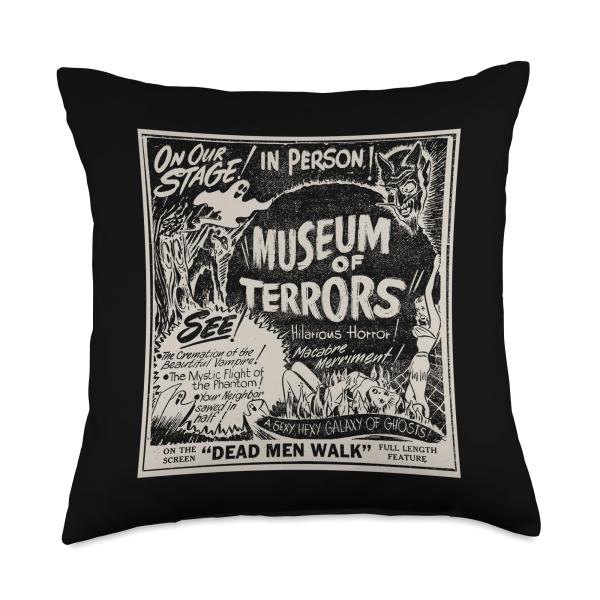 Vintage Halloween Slasher Horror Movie Museum of Terrors Throw Pillow
