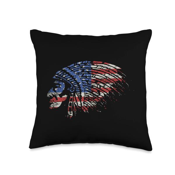 Native American Flag Pride Indigenous Headdress Distressed Throw Pillow
