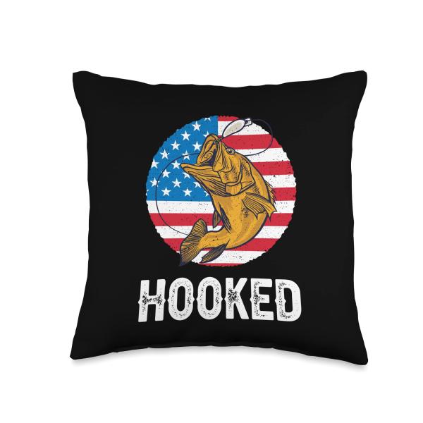 Hooked American Flag US Bass Fishing Pro Fisherman Expert Throw Pillow