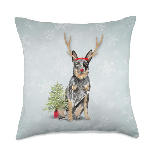 Blue Heeler Herding Aussie Puppy Christmas Reindeer Nose Throw Pillow