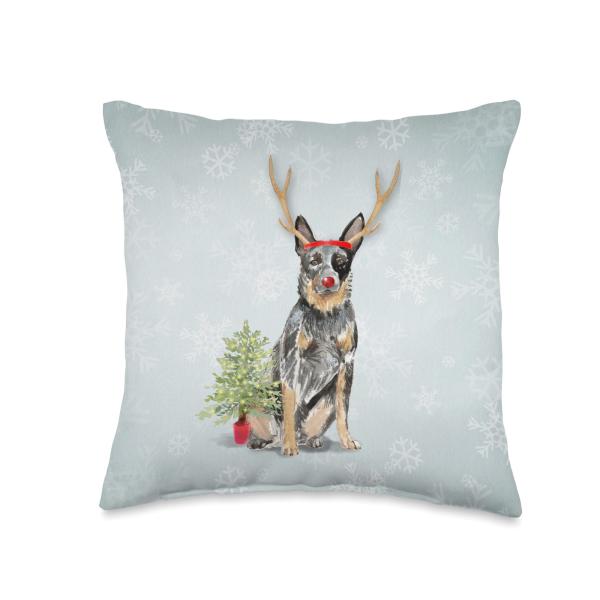Blue Heeler Herding Aussie Puppy Christmas Reindeer Nose Throw Pillow