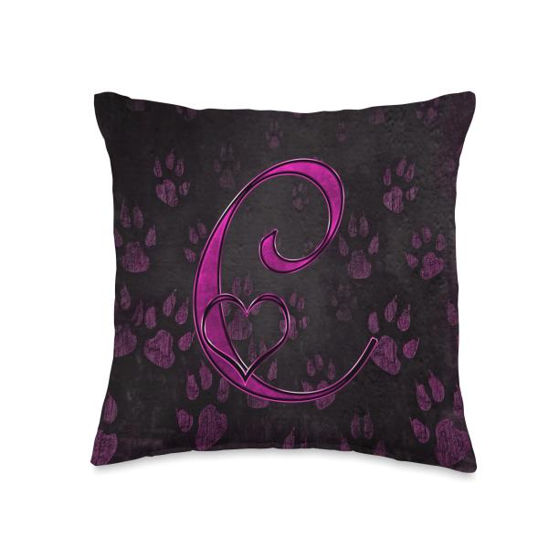 401Merch Initial Cute Pretty Puppy Owner Monograms Paw Print Letter C Pink Pet Dog Cat Animal Heart Love Name Throw Pillow, 16x16