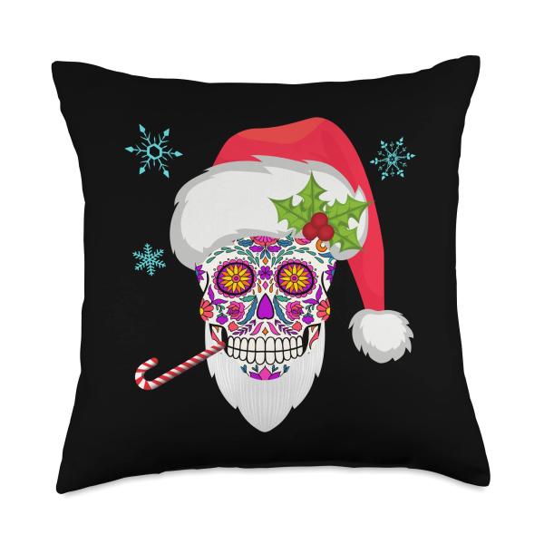 Sugar Skull Santa Funny Christmas Dia De Los Muertos Tee Throw Pillow
