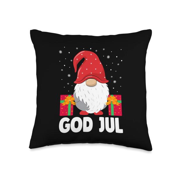 God Jul Funny Holiday Gnome Swedish Tomte Gnome Scandinavian Throw Pillow