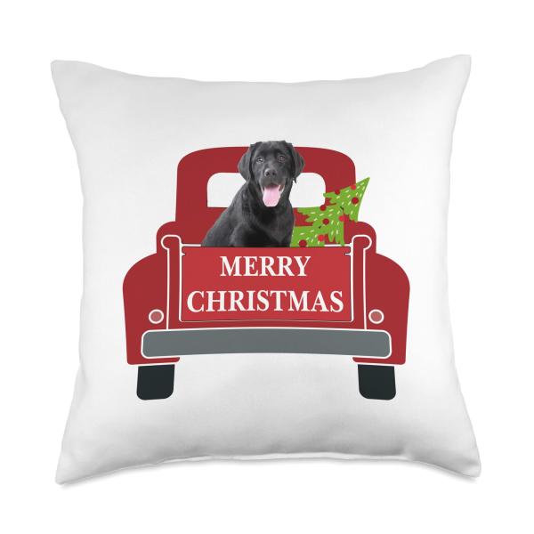 Merry Christmas Truck Dog Black Lab Throw Pillow
