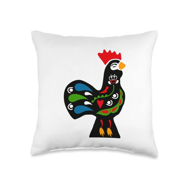 Swedish Dala Rooster Black Sweden Dalarna Dalecarnian Throw Pillow