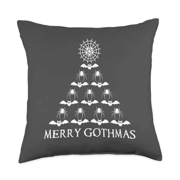 Goth Christmas Tree Spiders ＆ Bats Merry Gothmas Alternative Throw Pillow