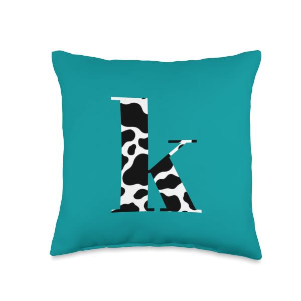 Teal Boho Cows Print Personalized Letter K Monogram Western Throw Pillow