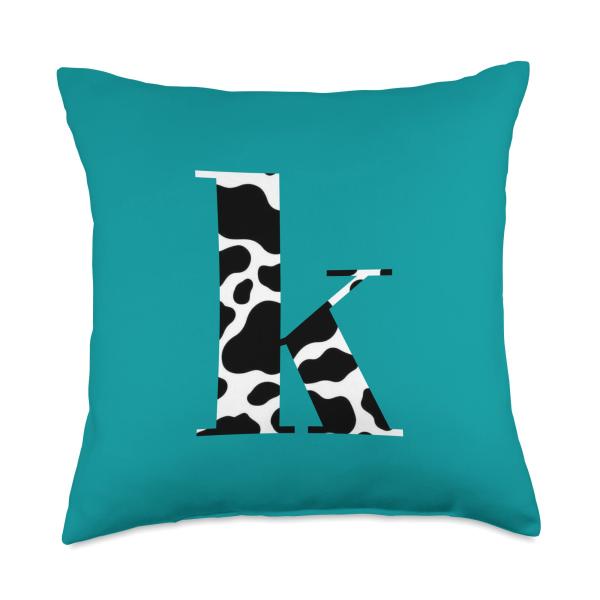 Teal Boho Cows Print Personalized Letter K Monogram Western Throw Pillow