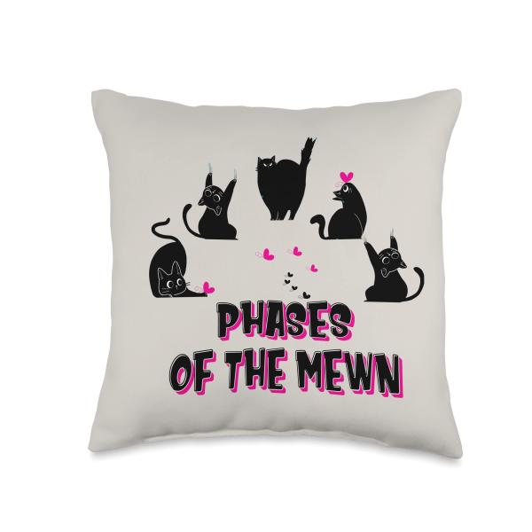 Funny Moon Just A Phase Cat Beige Brown Phases Of The Mewn Throw Pillow