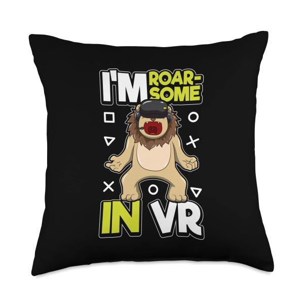 Gamer Lion Animal Virtual Reality Headset VR Gaming Pun Throw Pillow
