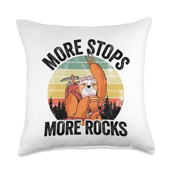 More Stops More Rocks Vintage Sunset Retro Sloth Geologist Throw Pillow
