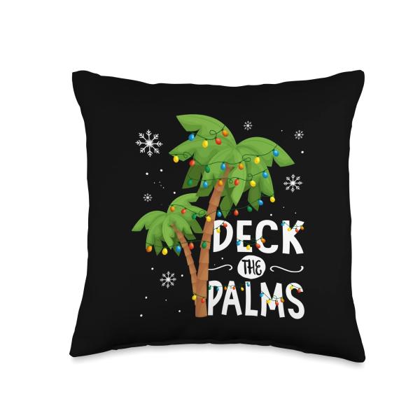 Deck The Palms Tropical Hawaii Christmas Palm Tree Lights Throw Pillow
