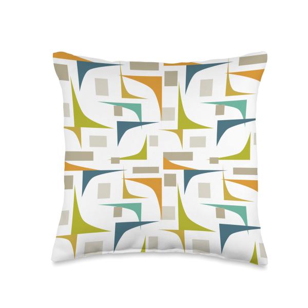 Turquoise Orange Green Corners Mid Century Retro Pattern Throw Pillow