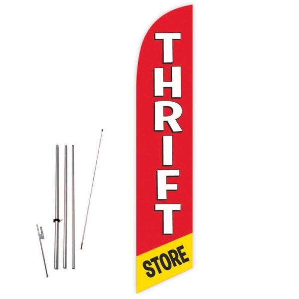 GLOBAL ADVERTISING SOLUTIONS Thrift Store レッドイエローフェザーフラッグ 目を引くバナーサイン ビジネスとマーケティング用 15フィートのポールキットとグ