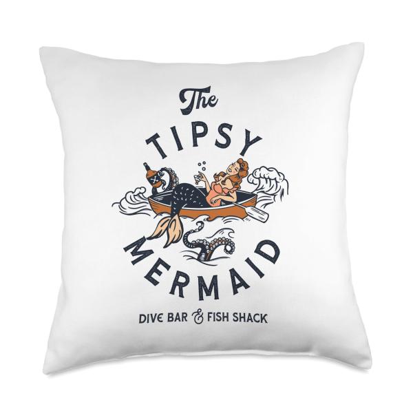 The Tipsy Mermaid Dive Bar ＆ Fish Shack: Vintage Pinup Art Throw Pillow