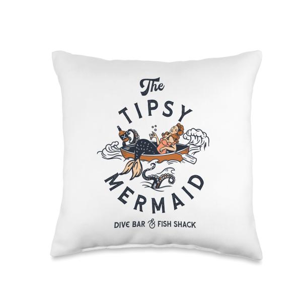The Tipsy Mermaid Dive Bar ＆ Fish Shack: Vintage Pinup Art Throw Pillow